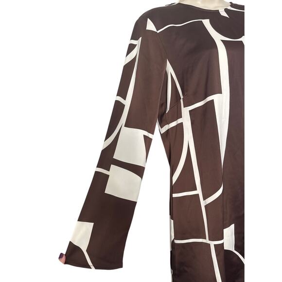 NWT Mango MNG Abstract Geo Print Long Sleeve Satin Dress Brown Cream Size M - Picture 11 of 13